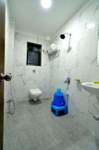 a bathroom with a toilet and a sink at Hotel Dwarka Park in Shirdi