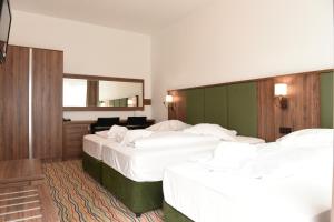 a hotel room with three beds and a mirror at Hotel Olive Inn in Aschaffenburg