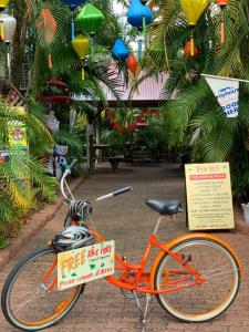 
a bicycle parked next to a sign with a picture of a cat on it at Tropic Days Boutique Hostel in Cairns
