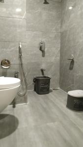 KalolHOTEL SATKAR CHHATRAL的带淋浴、马桶和水槽的浴室