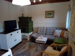 a living room with a couch and a tv at Haus Höber in Archkogel