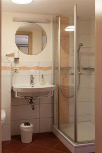 a bathroom with a sink and a shower at Gänschen klein in Ellscheid