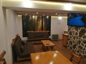 a living room with a tv and a couch and a table at László apartman in Harghita-Băi +25 photos