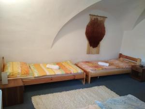 two beds in a room with a wall at Penzion U Tkadlen in Jindřichŭv Hradec