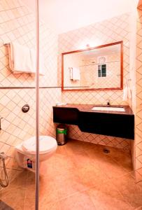 コダイカナルにあるHotel Raindropsのバスルーム(トイレ、洗面台、鏡付)