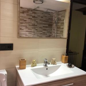 a bathroom with a white sink and a mirror at Los Balcones de Nieda in Cangas de Onís +37 photos