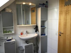 ein Bad mit einem Waschbecken und einem Spiegel in der Unterkunft Ferienwohnung Rossis Nüst, 31516 in Uplengen