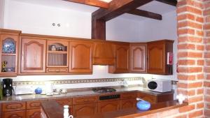 內爾哈的住宿－Casa los Arcos，一间带木制橱柜和微波炉的厨房