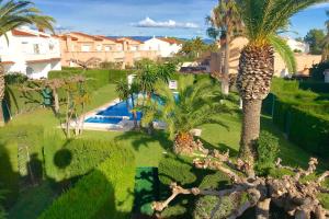 an aerial view of a yard with palm trees and a pool at MEDDAYS CHALET EL SOL in Miami Platja