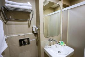 SİVAS HOTEL NEVV في شيفاش: حمام مع حوض ومرآة