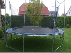 a trampoline in the grass in a yard at Ferienwohnung Frieda, 65207 in Moormerland