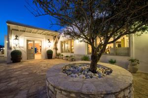 a tree in a stone circle in front of a house at Saint Andrea Seaside Resort - Adults Only in Naousa