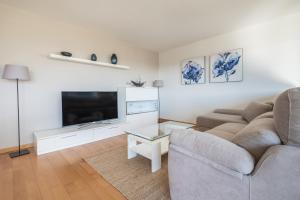 sala de estar con sofá y TV de pantalla plana en Rent Top Apartments Forum, en Barcelona