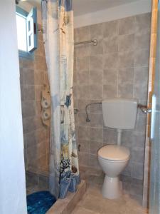 a bathroom with a toilet and a shower curtain at Ostria Studios - Spilia in Sikinos