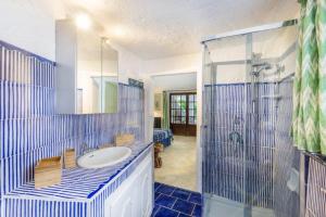 une salle de bain bleue et blanche avec une douche et un lavabo dans l'établissement Charming Cottage Il Glicine a San Pantaleo, à San Pantaleo 23 autres photos