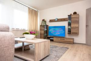 ein Wohnzimmer mit Sofa und Fernseher in der Unterkunft T&K Apartments near Messe Fair Trade Düsseldorf und Airport 2B in Duisburg