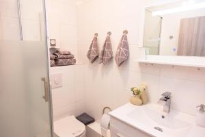 a bathroom with a toilet and a sink and a mirror at T&K Apartments near Messe Fair Trade Düsseldorf und Airport 2B in Duisburg