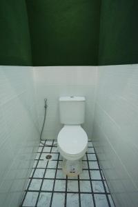 a bathroom with a toilet in a green and white room at Barn Laos Hostel in Vientiane