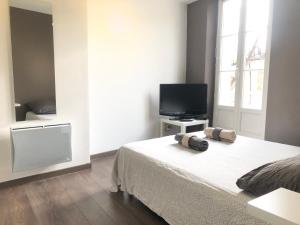a bedroom with a bed and a television in it at T2 Hyper centre clim,WIFI in Hyères