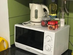 a microwave oven with a blender on top of it at Pushkin's apartments in Zhytomyr