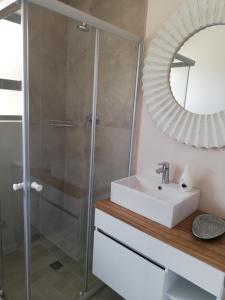 uma casa de banho com um lavatório e um espelho em Little Elm Cottage em Cidade do Cabo