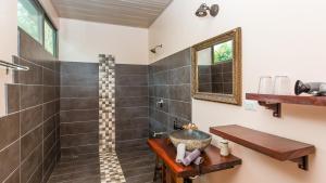 W łazience znajduje się prysznic, umywalka i lustro. w obiekcie Jardín de los Monos w mieście Matapalo