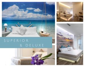 eine Collage mit Fotos eines Hotelzimmers mit dem Meer in der Unterkunft Hotel Liberty Beach - Parking & Beach included in Riccione