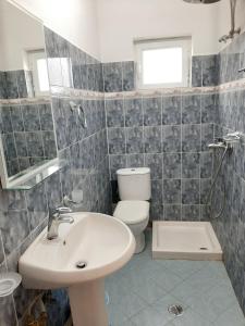 W łazience znajduje się umywalka, toaleta i lustro. w obiekcie Vaso Apts w Sarandzie