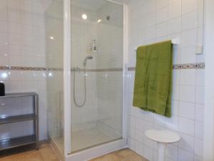 een douche met een glazen deur in de badkamer bij Casa Las Viñas in Fuentidueña