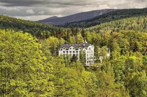 un gran edificio blanco en medio de un bosque en Pensjonat Orla Skała, en Szklarska Poręba