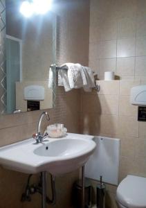 uma casa de banho com um lavatório, um WC e um espelho. em La Petite Planete em Mykines