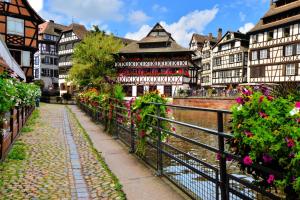 a group of buildings next to a river with flowers at Strasbourg Appart Cosy Hyper Centre in Strasbourg