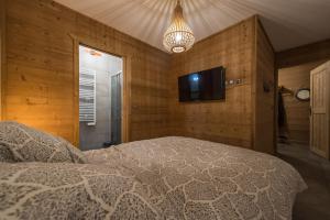 ODYSSEE ERJ01 Appartement avec terrasse et acces aux pistes في لا توسوير: غرفة نوم بسرير وتلفزيون على جدار