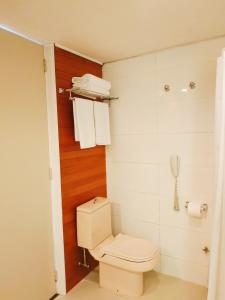 een badkamer met een toilet en een telefoon aan de muur bij Hotel Alborada in Concepción