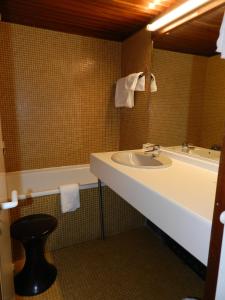 a bathroom with a sink and a tub and a mirror at Gergovia in Super Besse