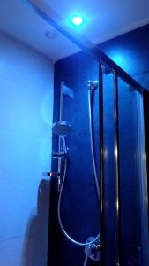 a bathroom with a shower with a blue ceiling at Domus31 - Luxury House in Trastevere in Rome