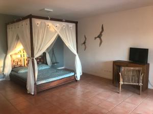 a bedroom with a canopy bed with birds on the wall at La villa FLau Studio Frégate in Sainte-Luce