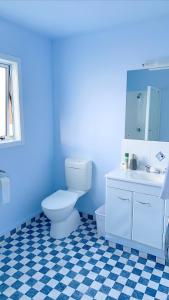 Baño azul con aseo y lavamanos en Panoramic View Apartment Without a Kitchen en Rotorua