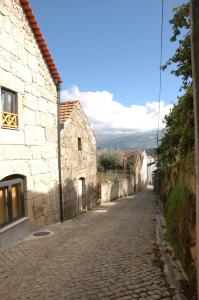 a cobblestone street in a village with buildings at Casa Da Canada in Seia