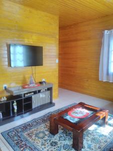 uma sala de estar com uma televisão de ecrã plano numa parede de madeira em Casa de férias flor das acácias em Urubici