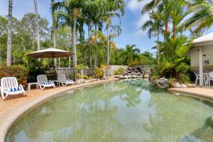 een zwembad met stoelen en een parasol en palmbomen bij Seascape Holidays at The Queenslander in Port Douglas