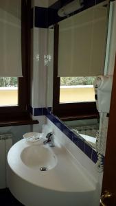 łazienka z białą umywalką i lustrem w obiekcie Hotel Pesek w mieście San Dorligo della Valle