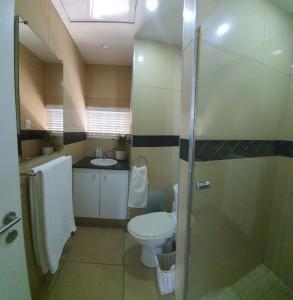 a bathroom with a toilet and a shower and a sink at Accommodation Front - Gorgeous 4 Sleeper Beachfront Apartment in Durban