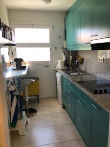 una cocina con armarios verdes y fregadero en Mas Pinell Viu bé, en Torroella de Montgrí