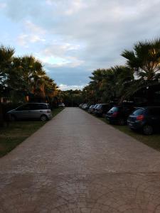 una calle adoquinada con coches aparcados y palmeras en Villaggio Alba Chiara, en Vieste