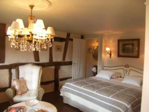 a bedroom with a bed and a chandelier at Aux temps d'avant in Gundershoffen