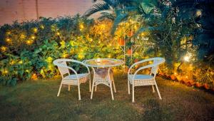 two chairs and a table in a garden with lights at International Travellers' Hostel by ITH Stays in Varanasi