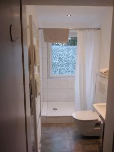 a bathroom with a shower and a toilet and a window at Travel Apartments in Münster