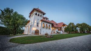 un grand bâtiment blanc avec une tour d'horloge dans l'établissement Casa Timiș - Wellness & Spa Resort, à Chiţorani