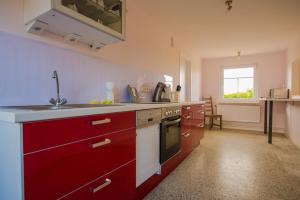 a kitchen with red cabinets and a sink at Die Kleine Villa in Zimmert